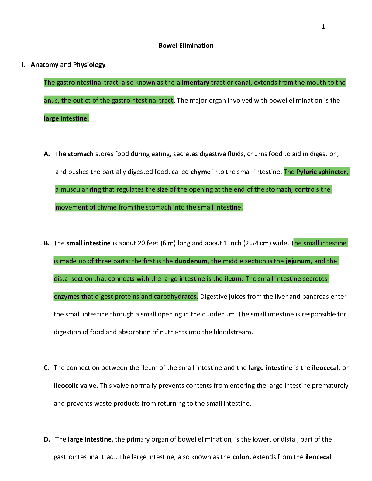 Preview of Bowel Elimination Lecture Outline (Latest 2021) 100% Correct Study Guide, Download to Scor
